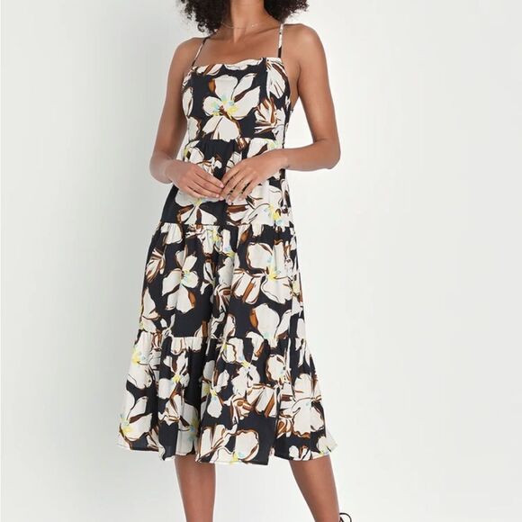 Lulus Dresses & Skirts - Bound for Bali Black Floral Backless Midi Dress With Pockets
